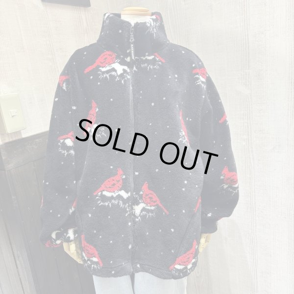 画像1: USA製 90s BLACK MOUNTAIN ショウジョウコウカンチョウ プリント ボアフリース ブルゾン ジャケット (1)