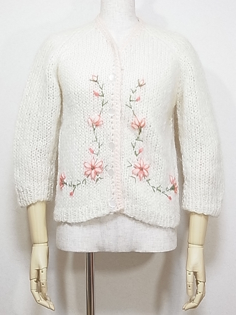 60's ビンテージ 花柄刺繍が可愛い 八分袖 モヘア カーディガン
