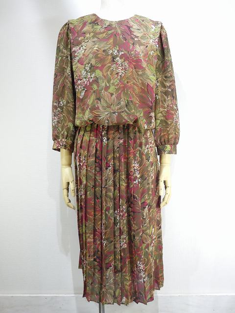 アメリカ製 〜80s R.E.O ボタニカル柄 プリーツスカート ワンピース ドレス