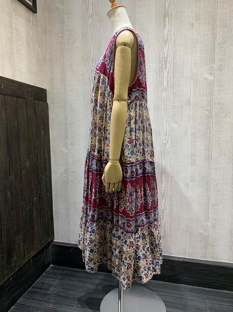 70s ビンテージ DENIM JAZZ パキスタン製 インド綿 エスニック ノースリーブ ペーズリー 花 柄 ワンピース ドレス ヒッピー パキ綿