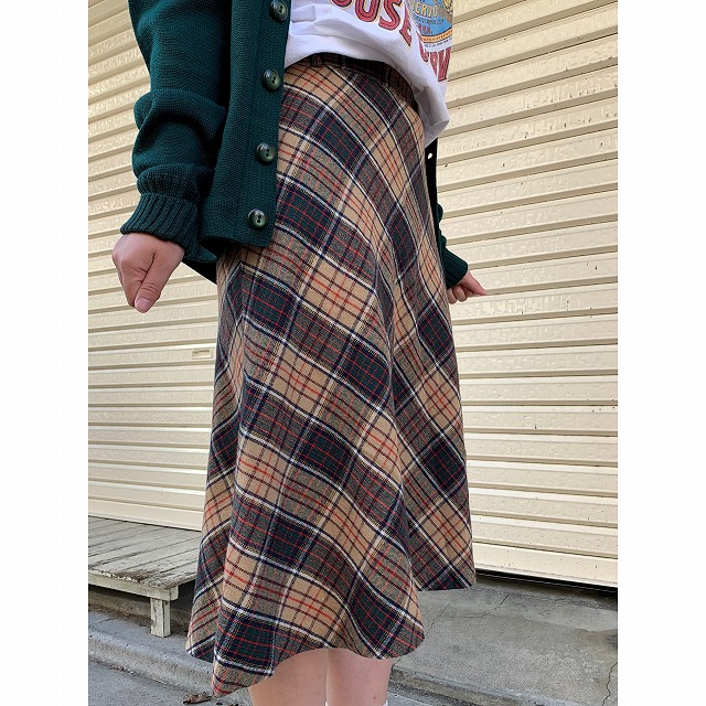 ヴィンテージ　日本製　ロングスカート　フレア　チェック　ボタン　レトロ